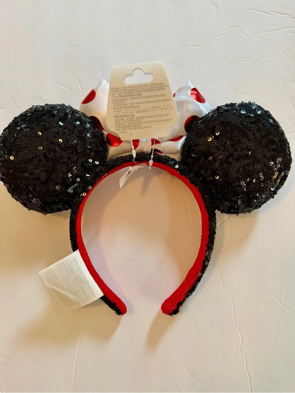 New Disney Parks Sequined Black with White Red Polka Dot Bow Ears Headband